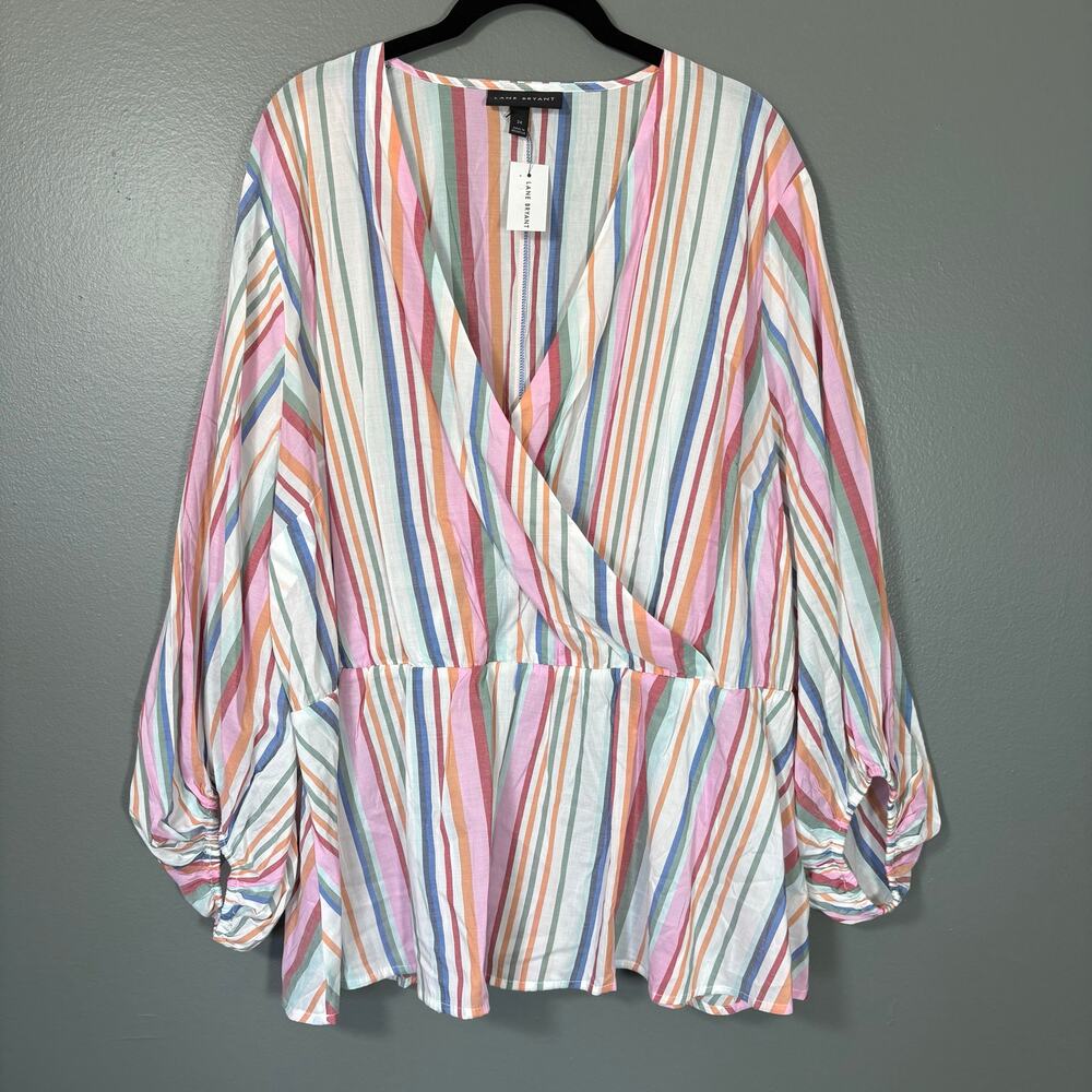 Lane Bryant NWT Pink & White Striped Faux Wrap Boho Top - 24 - Women's Plus Size